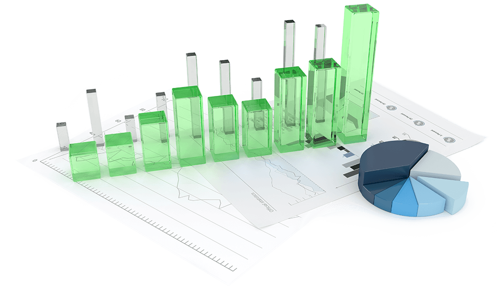 3D charts on top of pages with charts printed on them