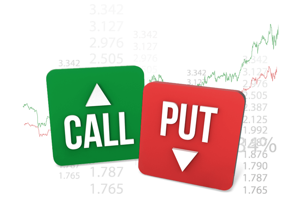 Green square with 'Call' and up arrow; red square with 'Put' and down arrow; and rates and trend lines in background